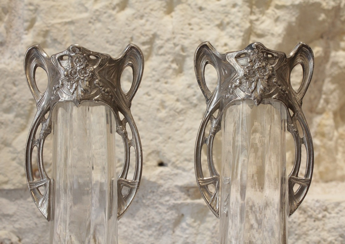 Pair Of Art Nouveau Glass Vases With Silver-plated Metal Mounts, Circa 1900-photo-3