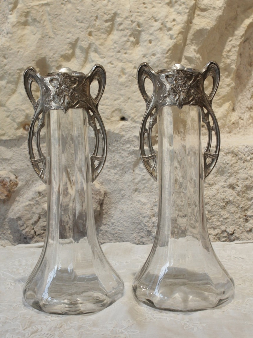 Pair Of Art Nouveau Glass Vases With Silver-plated Metal Mounts, Circa 1900
