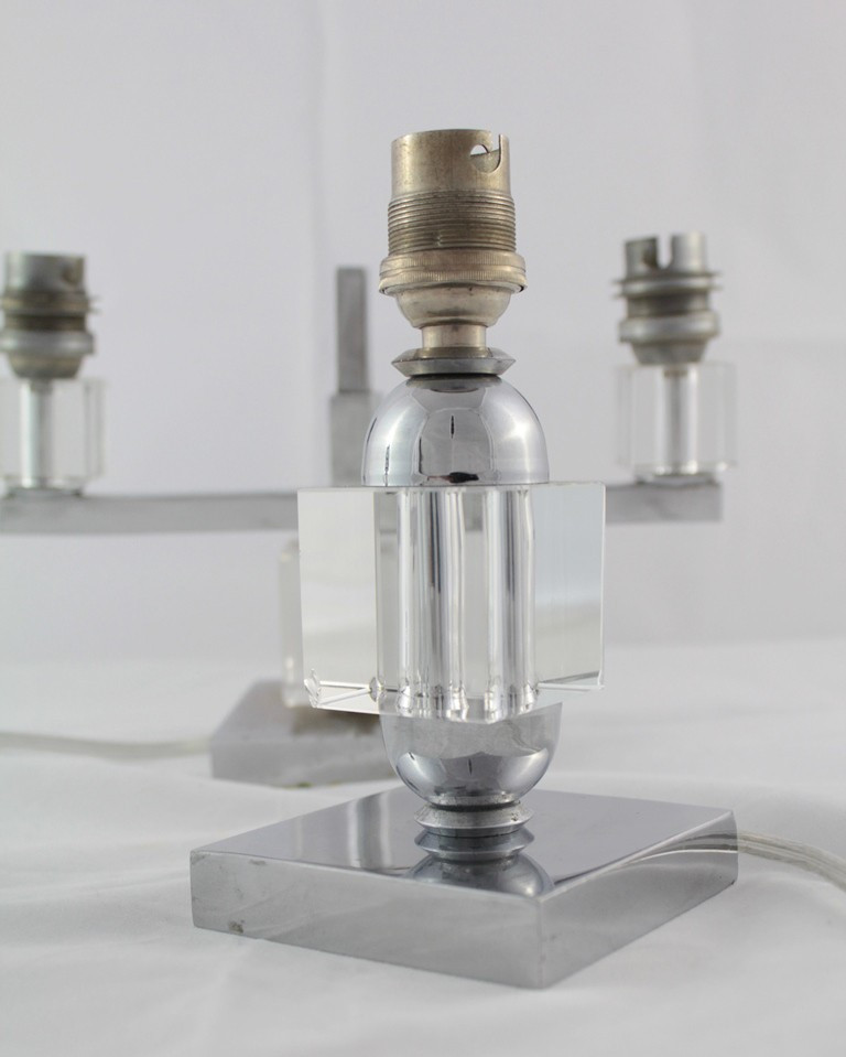 Candelabra And 2 Candlesticks In Chromed Metal And Plexiglass Signed G. Humbert 1960-1970-photo-4