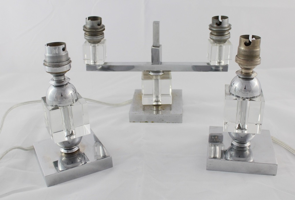 Candelabra And 2 Candlesticks In Chromed Metal And Plexiglass Signed G. Humbert 1960-1970