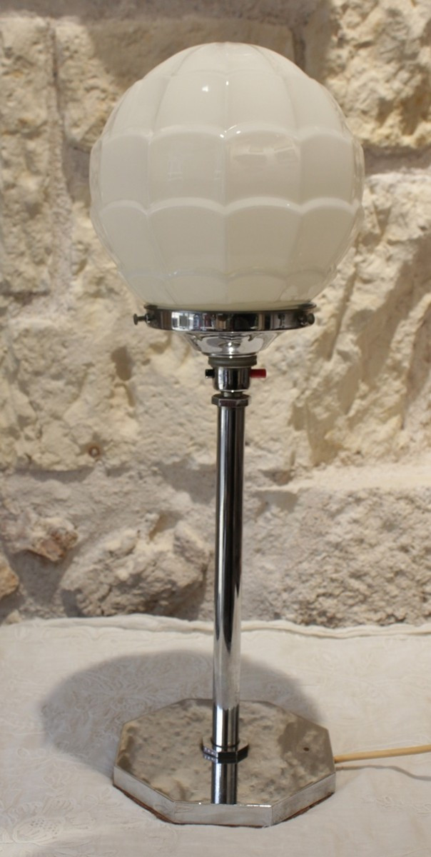 Chrome-plated Metal Lamp With Glass Globe, Art Deco Style, 20th Century-photo-4