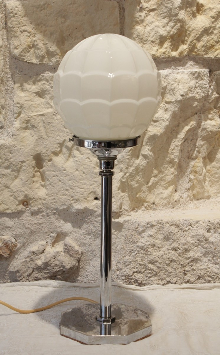 Chrome-plated Metal Lamp With Glass Globe, Art Deco Style, 20th Century