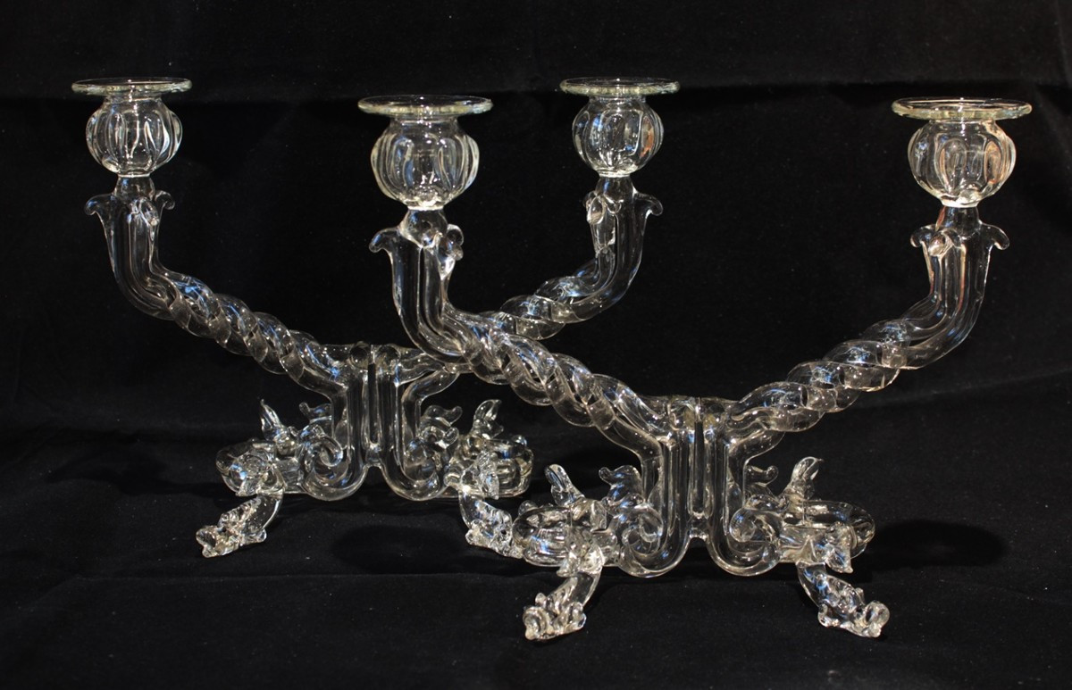 Pair Of Murano Stretched Glass Chandeliers With Two Arms, 20th Century