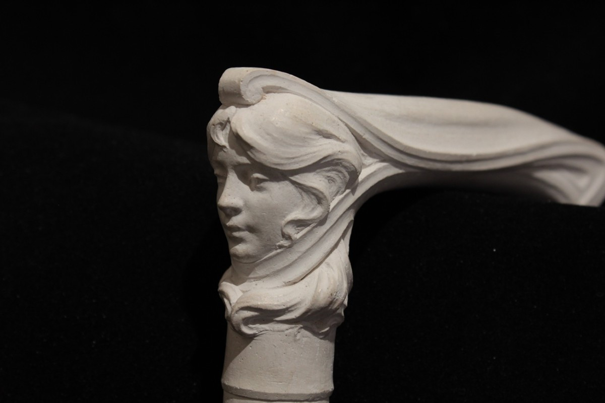 Art Nouveau Plaster Walking Stick Handle, Signed Paul Herman (1873-1903)-photo-4