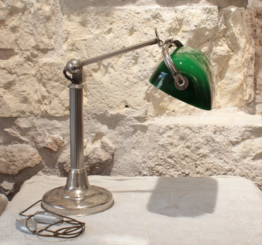 Banker's Or Notary's Lamp, In Chromed Metal And Green Opaline Glass, Circa 1930-photo-2