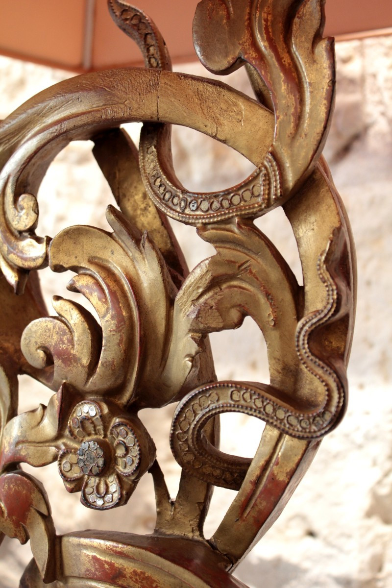 Grande lampe en bois doré et incrustations, 20ème siècle-photo-3
