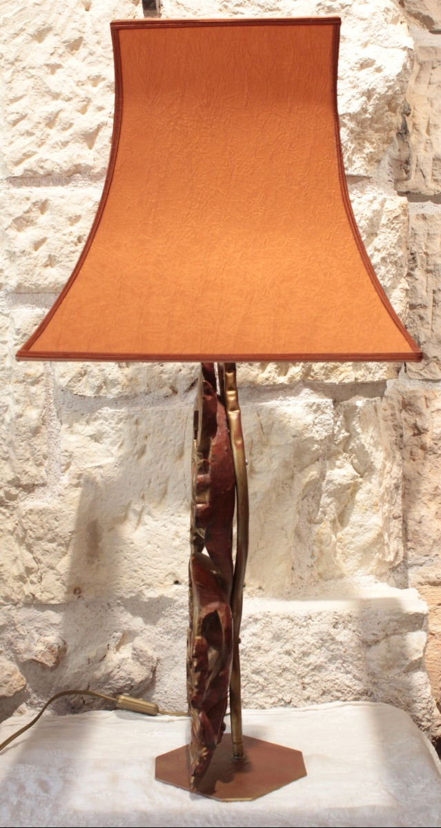 Grande lampe en bois doré et incrustations, 20ème siècle-photo-6