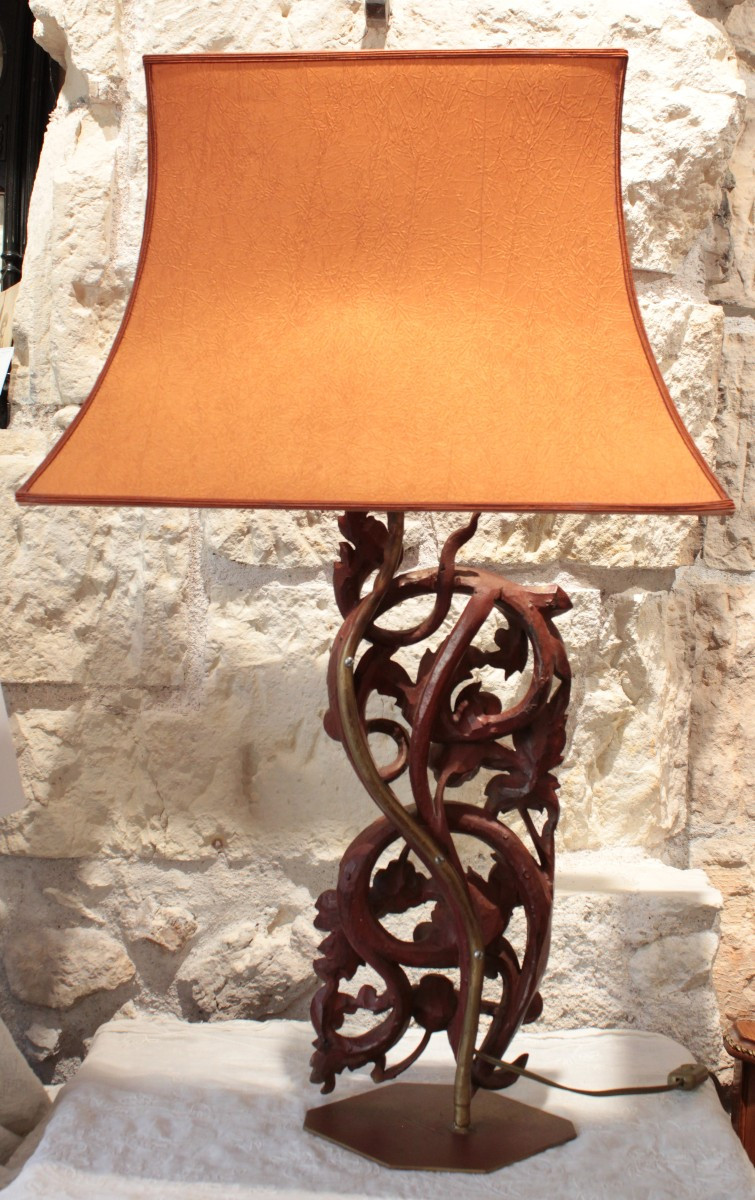 Grande lampe en bois doré et incrustations, 20ème siècle-photo-7