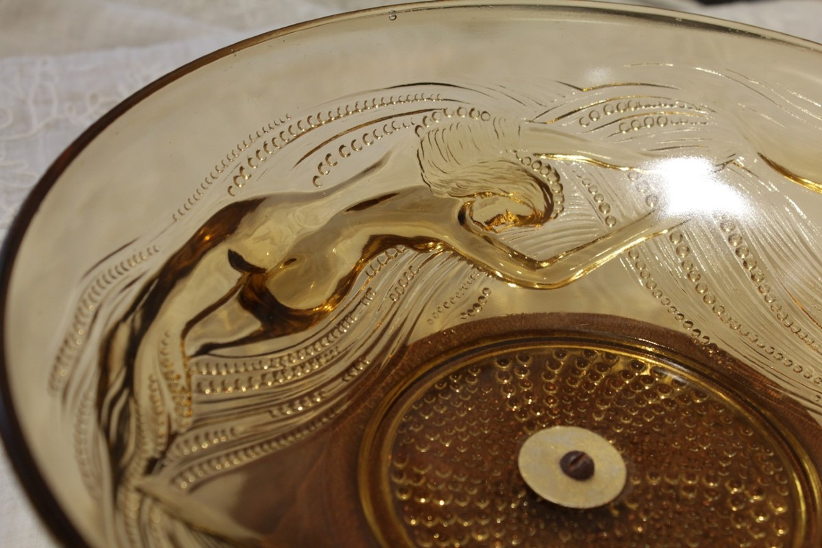 'naiads' Colored Glass Bowl, Turned Wood Base, Art Deco Style-photo-3