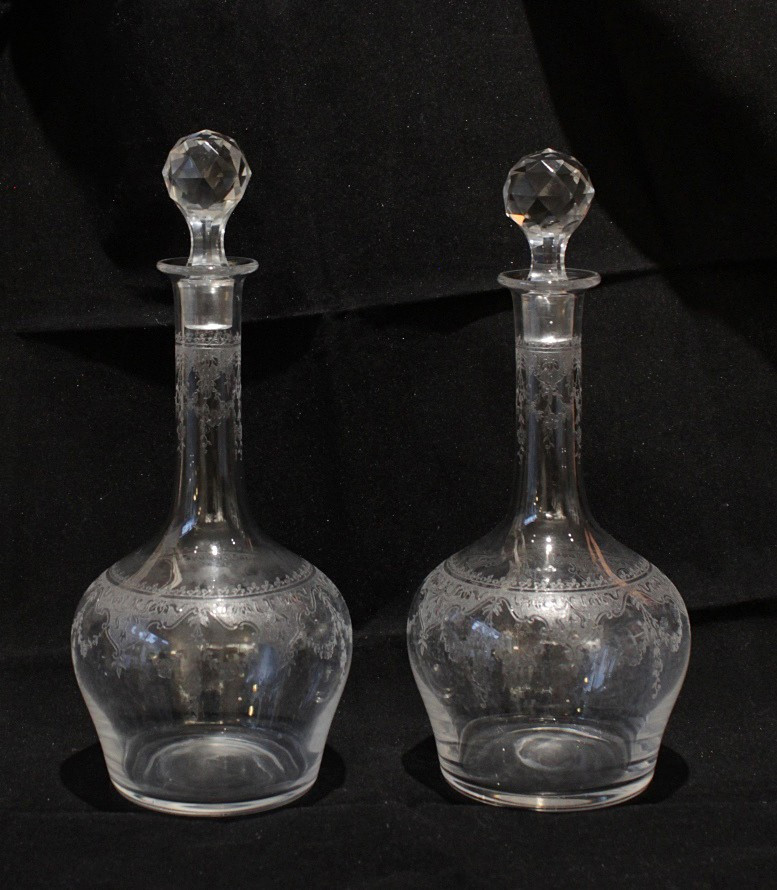 Pair Of Large Engraved Crystal Decanters, Early 20th Century-photo-2