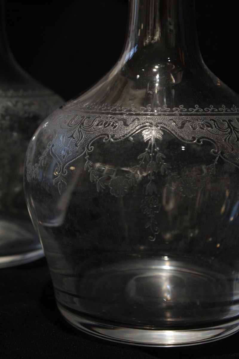 Pair Of Large Engraved Crystal Decanters, Early 20th Century-photo-1