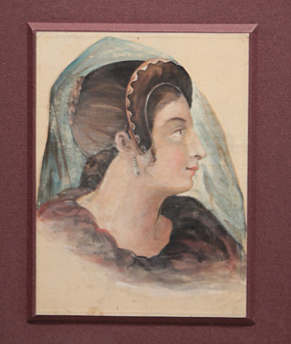 Watercolor 'portrait Of A Woman' In The Medieval Style, Circa 1830-1850-photo-2