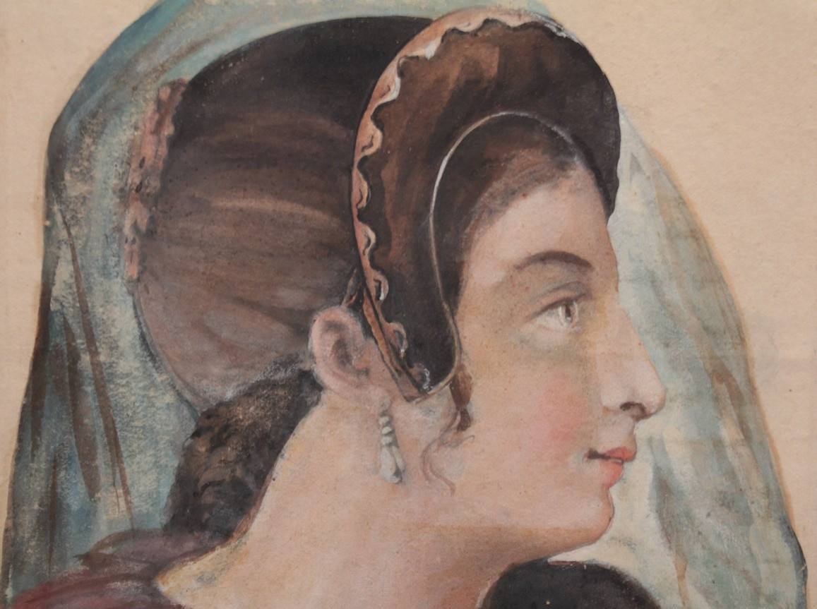 Watercolor 'portrait Of A Woman' In The Medieval Style, Circa 1830-1850-photo-4