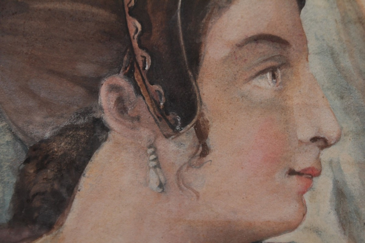 Watercolor 'portrait Of A Woman' In The Medieval Style, Circa 1830-1850-photo-1