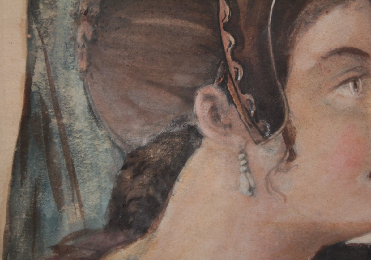 Watercolor 'portrait Of A Woman' In The Medieval Style, Circa 1830-1850-photo-2