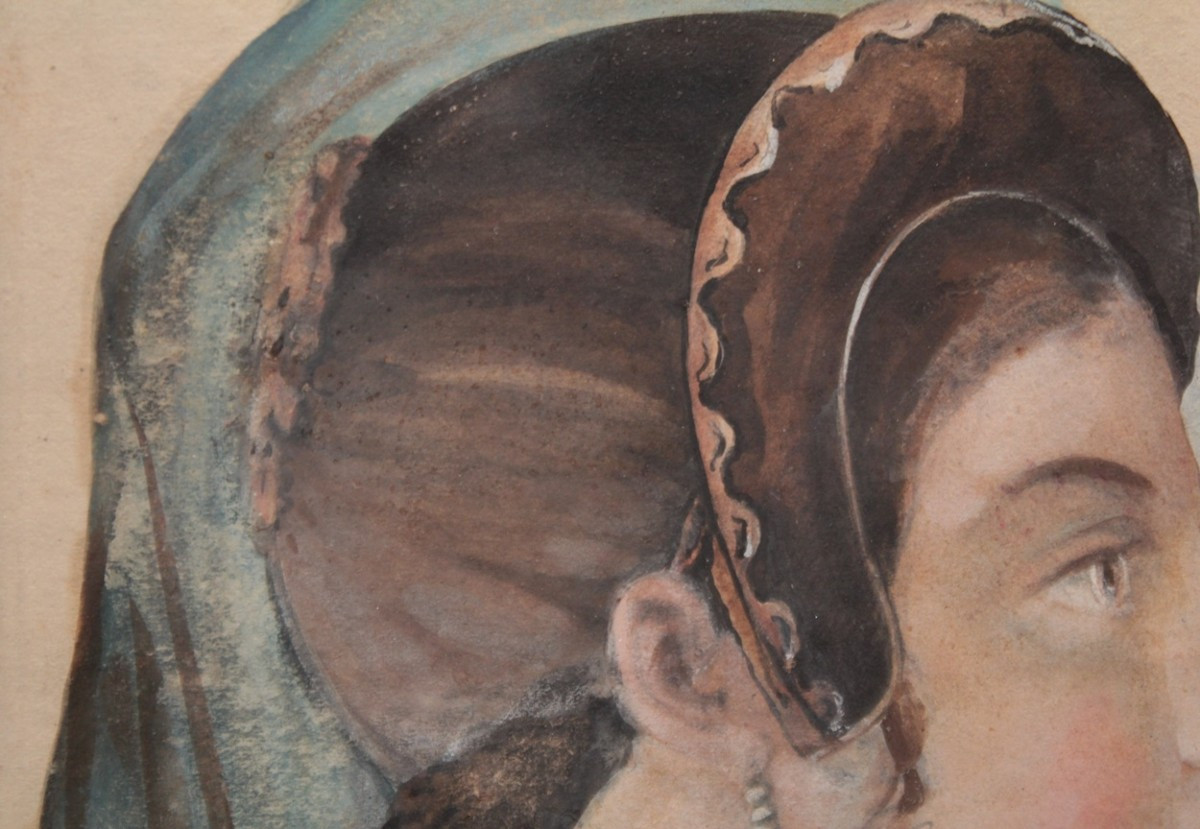 Watercolor 'portrait Of A Woman' In The Medieval Style, Circa 1830-1850-photo-3
