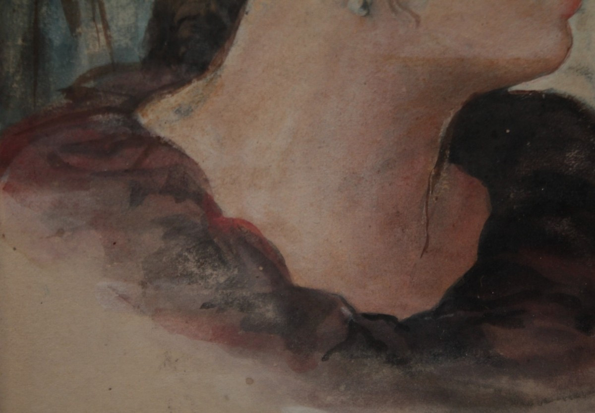 Watercolor 'portrait Of A Woman' In The Medieval Style, Circa 1830-1850-photo-4