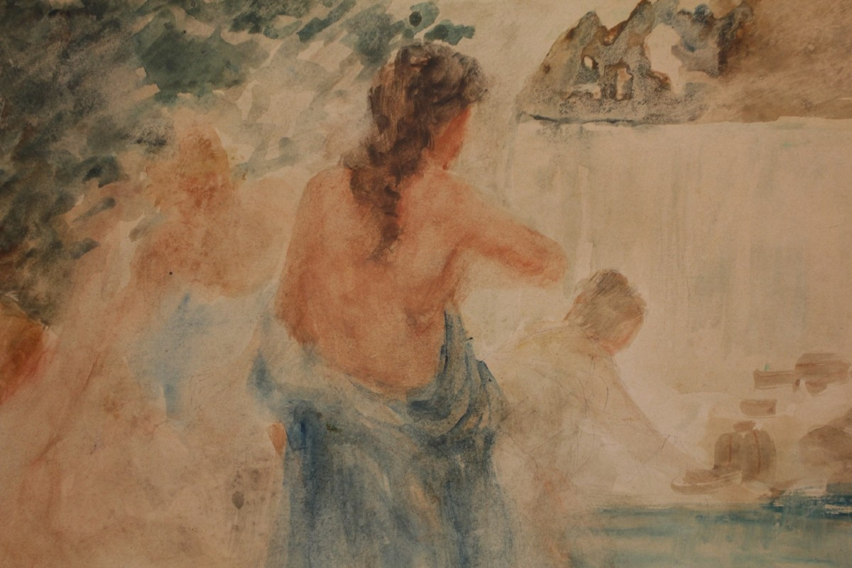 Watercolor 'women On The Beach' Signed Gabriel Griffon (1866-1933)-photo-4
