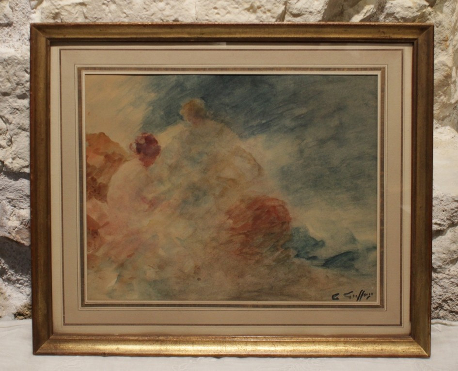 Watercolor 'women On The Beach' Signed Gabriel Griffon (1866-1933)
