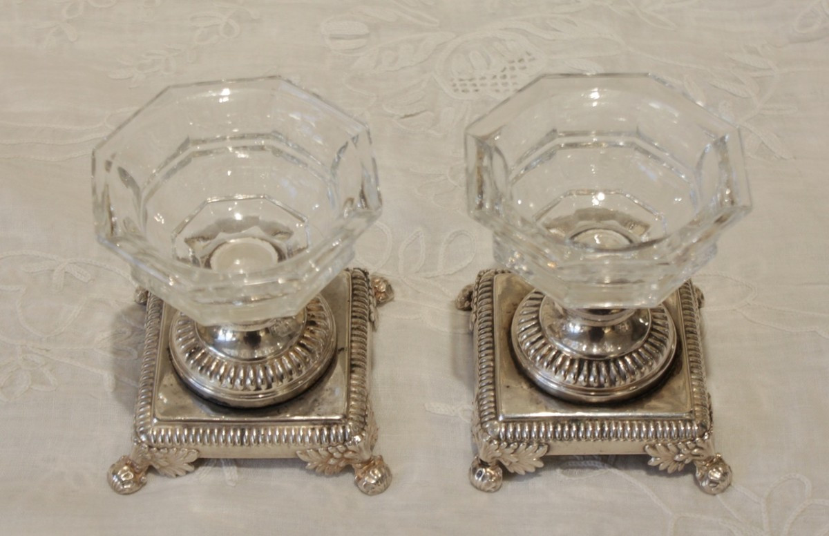 Pair Of Crystal And Silver-plated Metal Salt Cellars, Gandais, Palais Royal Paris Circa 1830-photo-2