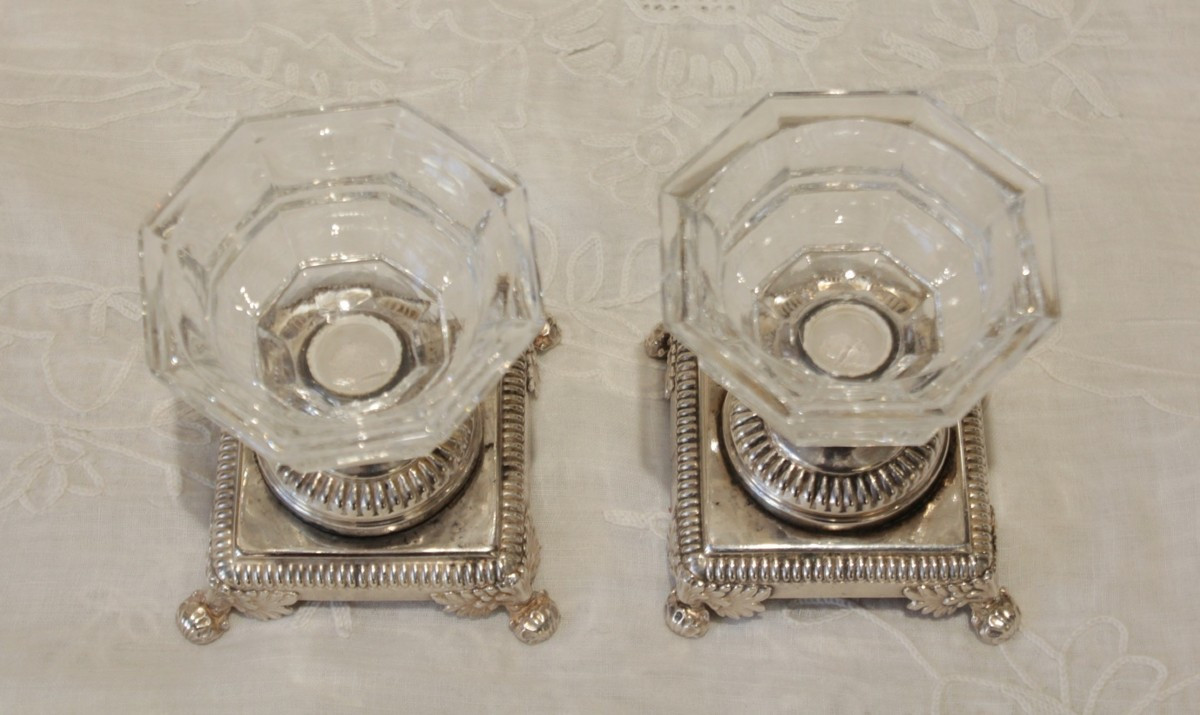 Pair Of Crystal And Silver-plated Metal Salt Cellars, Gandais, Palais Royal Paris Circa 1830-photo-3
