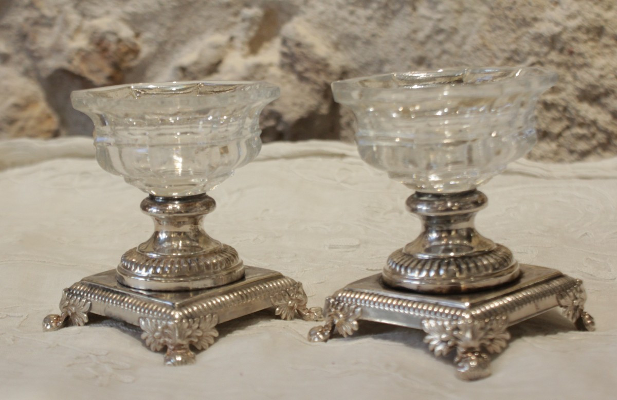Pair Of Crystal And Silver-plated Metal Salt Cellars, Gandais, Palais Royal Paris Circa 1830-photo-4
