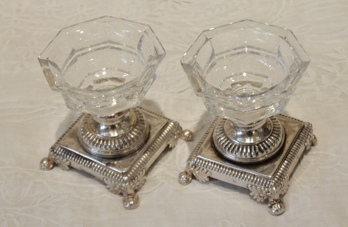 Pair Of Crystal And Silver-plated Metal Salt Cellars, Gandais, Palais Royal Paris Circa 1830-photo-1
