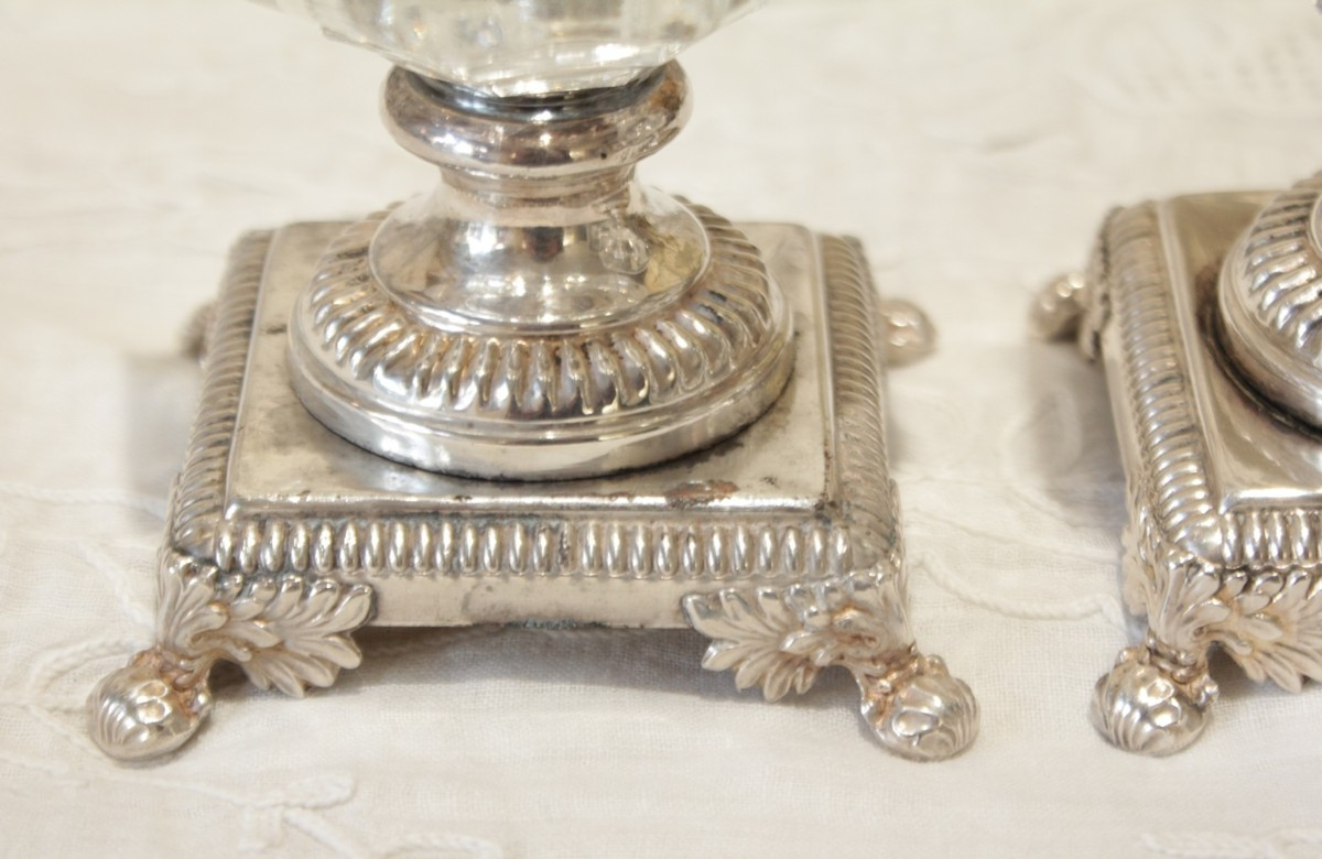 Pair Of Crystal And Silver-plated Metal Salt Cellars, Gandais, Palais Royal Paris Circa 1830-photo-3