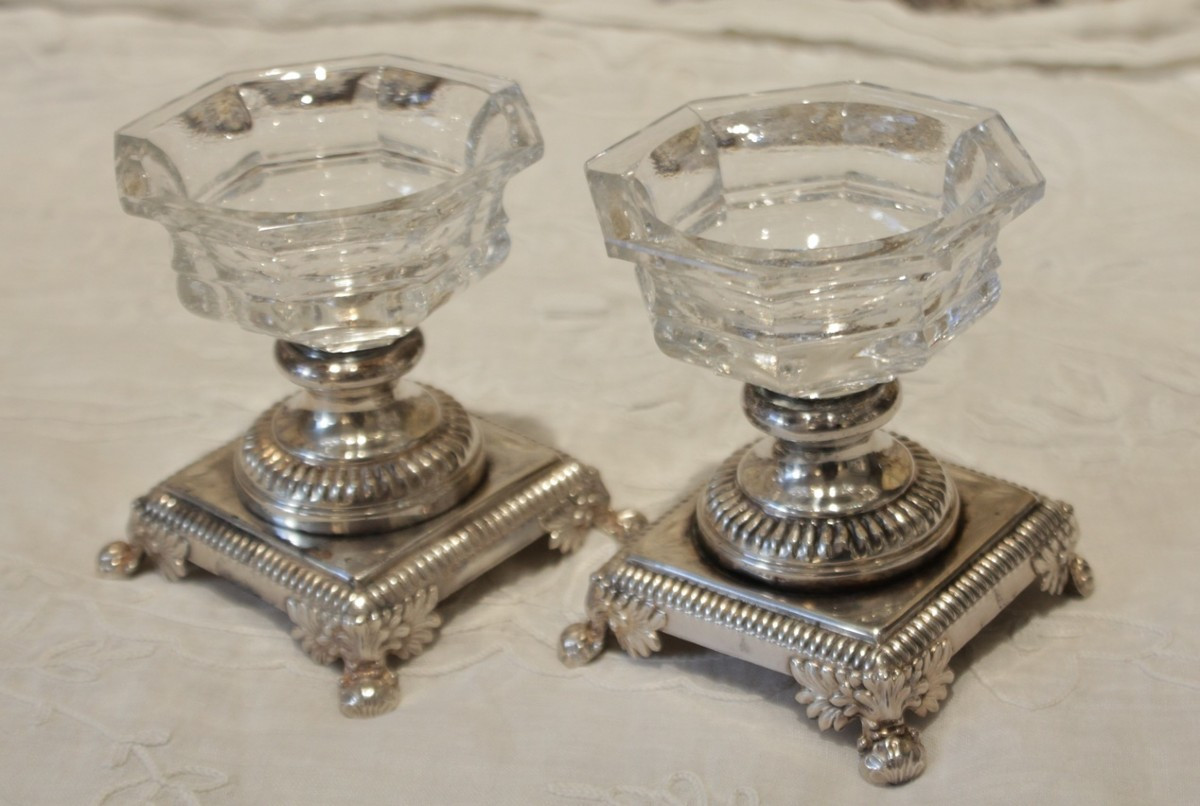 Pair Of Crystal And Silver-plated Metal Salt Cellars, Gandais, Palais Royal Paris Circa 1830