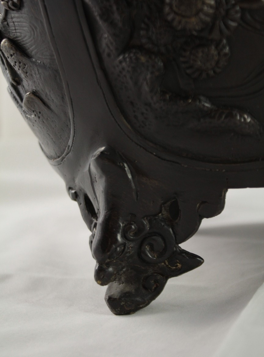 Grand brûle-parfum en bronze à patine brune oiseaux et végétations, Chine, 20ème siècle-photo-4