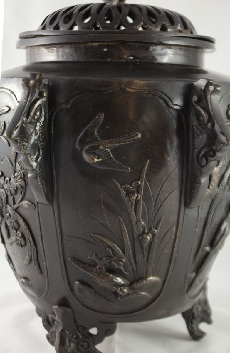Grand brûle-parfum en bronze à patine brune oiseaux et végétations, Chine, 20ème siècle-photo-5