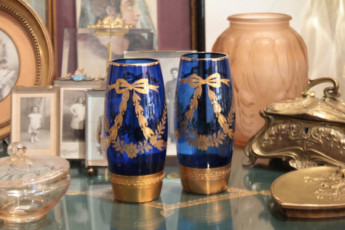 Pair Of Engraved And Gilded Blue Glass Vases With Brass Mounts, Late 19th Century-photo-2