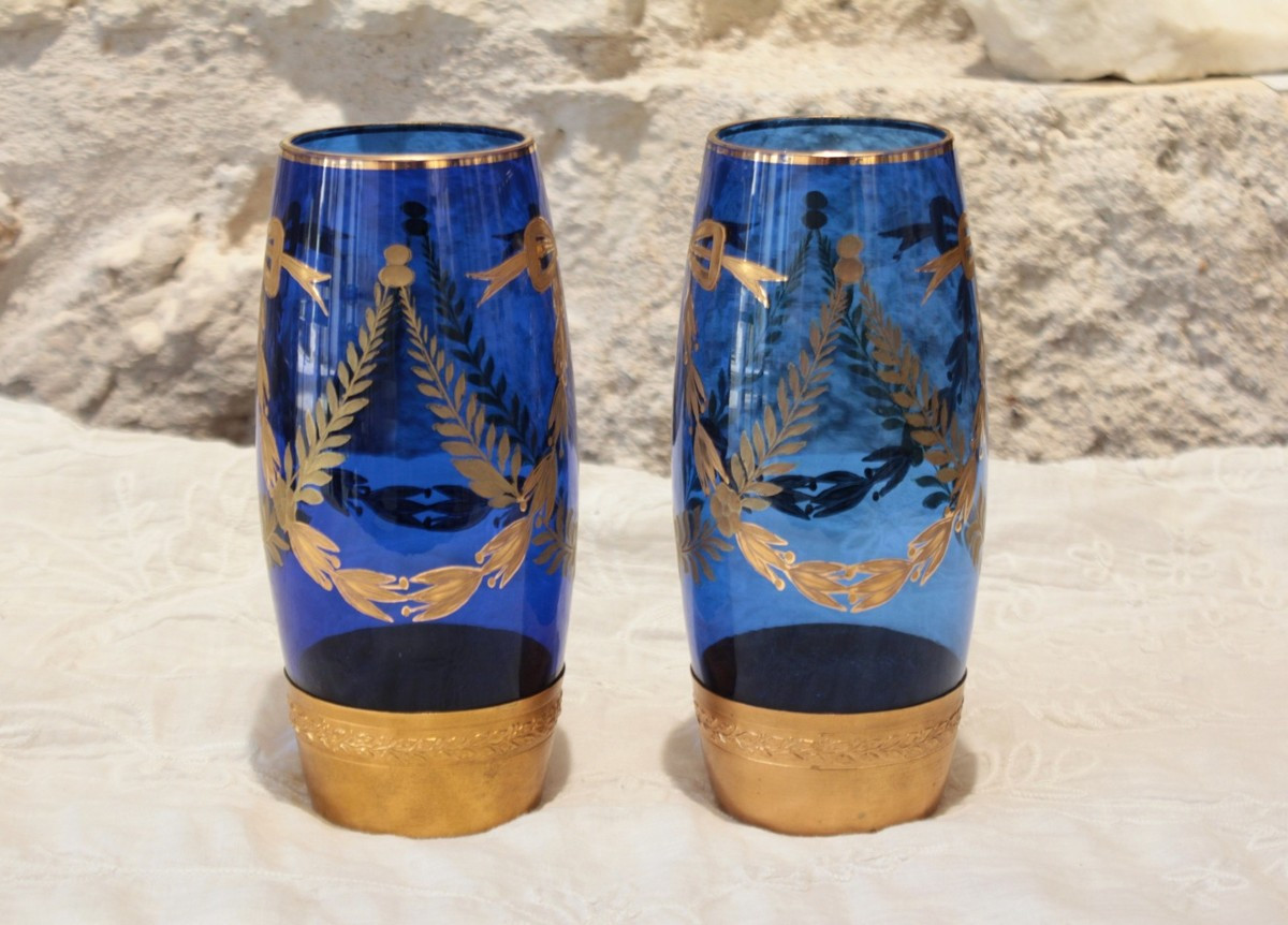 Pair Of Engraved And Gilded Blue Glass Vases With Brass Mounts, Late 19th Century-photo-3