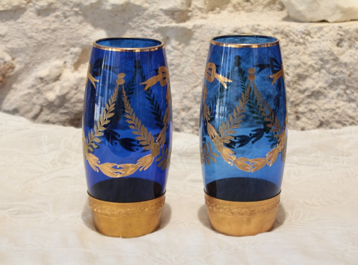 Pair Of Engraved And Gilded Blue Glass Vases With Brass Mounts, Late 19th Century-photo-1