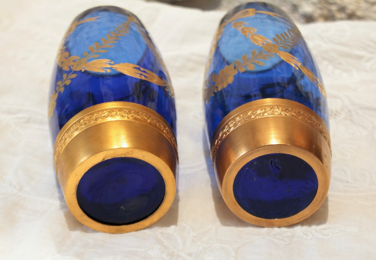 Pair Of Engraved And Gilded Blue Glass Vases With Brass Mounts, Late 19th Century-photo-2