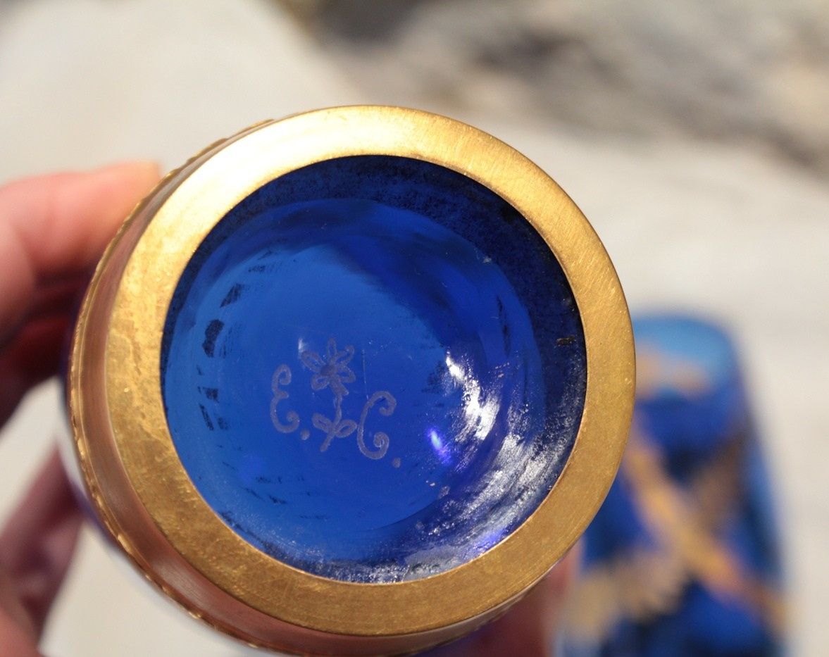 Pair Of Engraved And Gilded Blue Glass Vases With Brass Mounts, Late 19th Century-photo-3