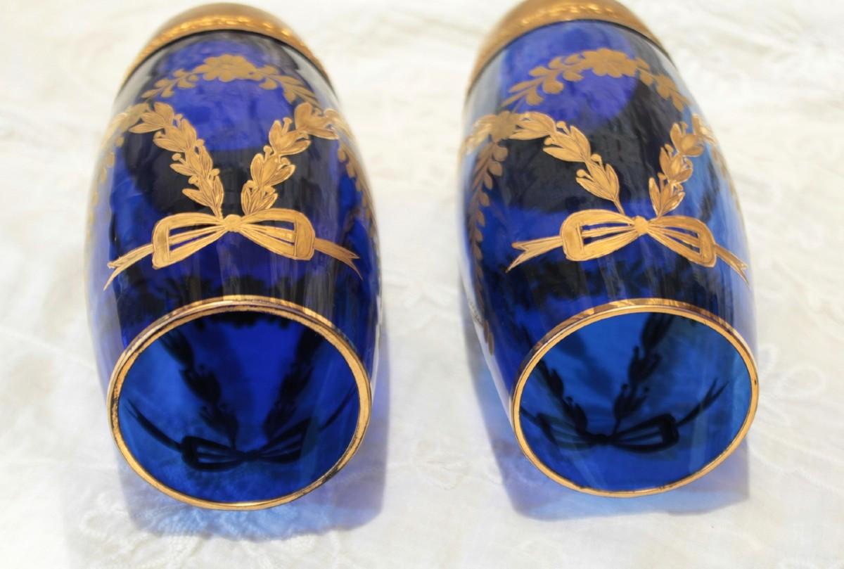 Pair Of Engraved And Gilded Blue Glass Vases With Brass Mounts, Late 19th Century-photo-4