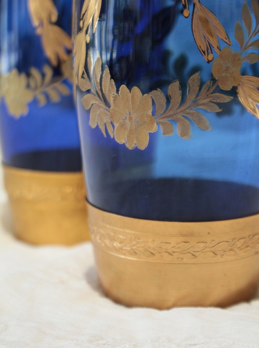Pair Of Engraved And Gilded Blue Glass Vases With Brass Mounts, Late 19th Century-photo-5