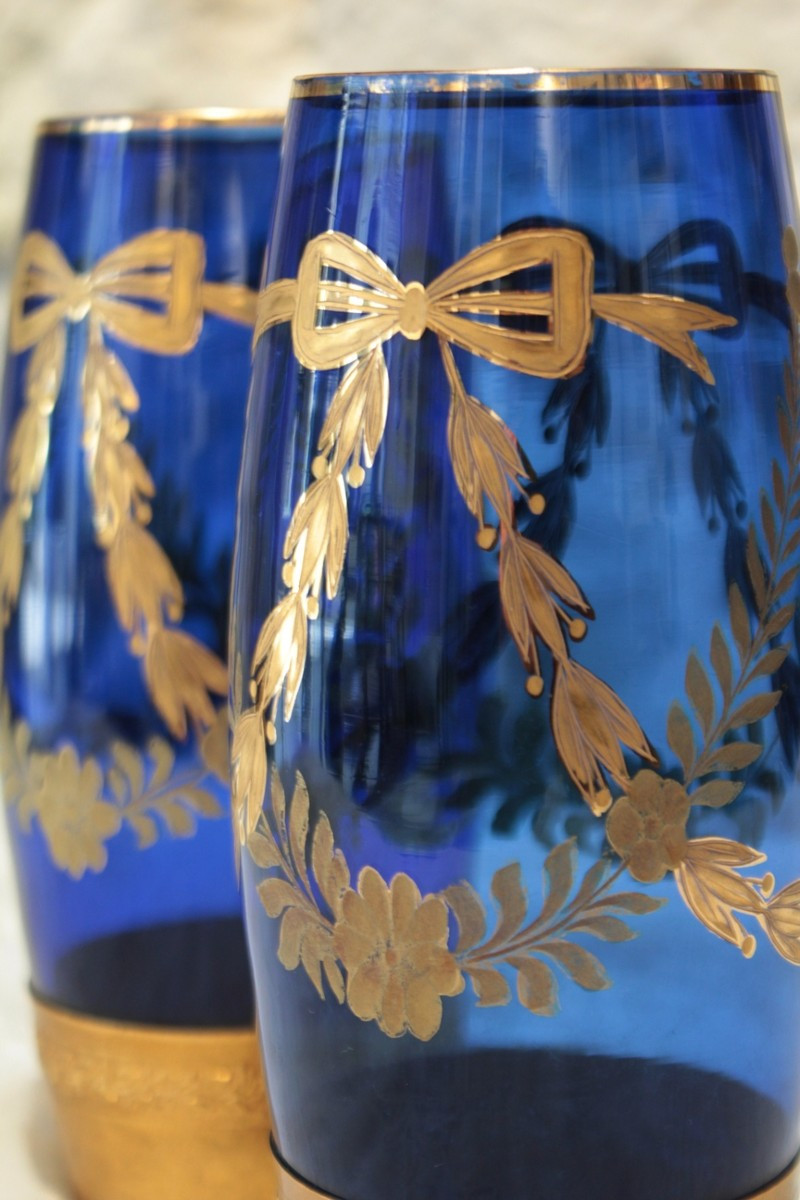 Pair Of Engraved And Gilded Blue Glass Vases With Brass Mounts, Late 19th Century-photo-6