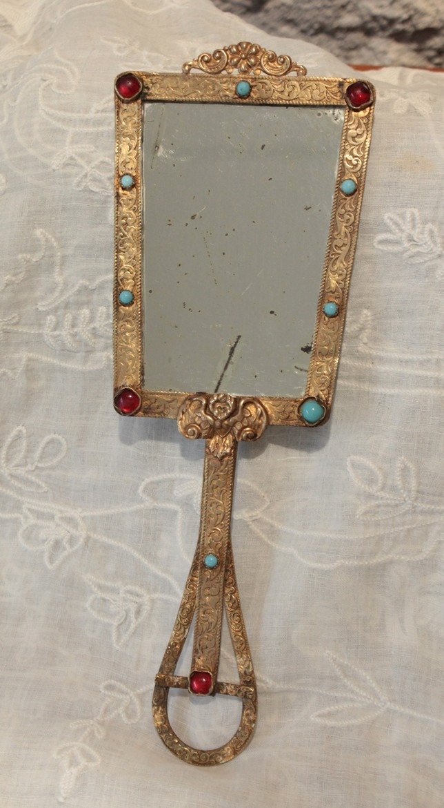 Miroir face à main en laiton doré et cabochons fin 19ème siècle-photo-2