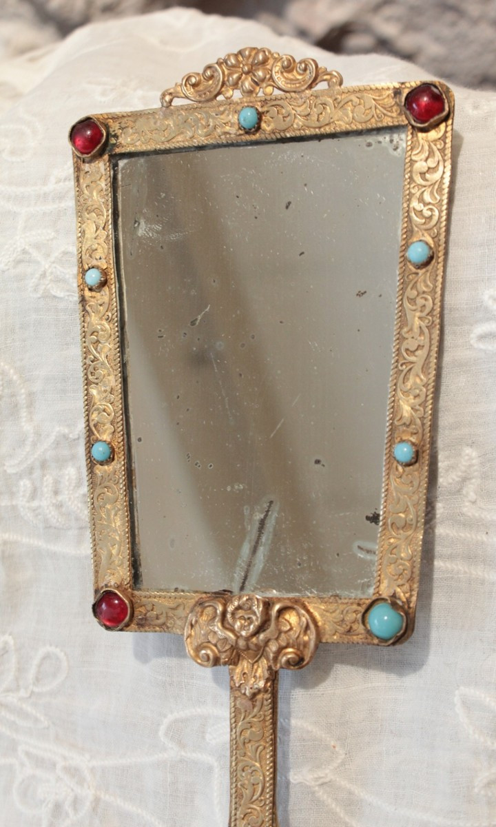 Miroir face à main en laiton doré et cabochons fin 19ème siècle-photo-3