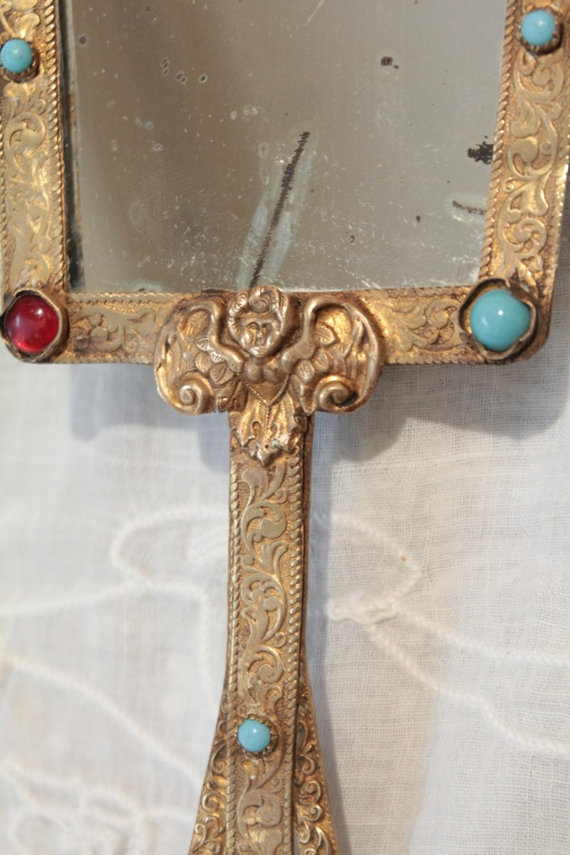 Miroir face à main en laiton doré et cabochons fin 19ème siècle-photo-2
