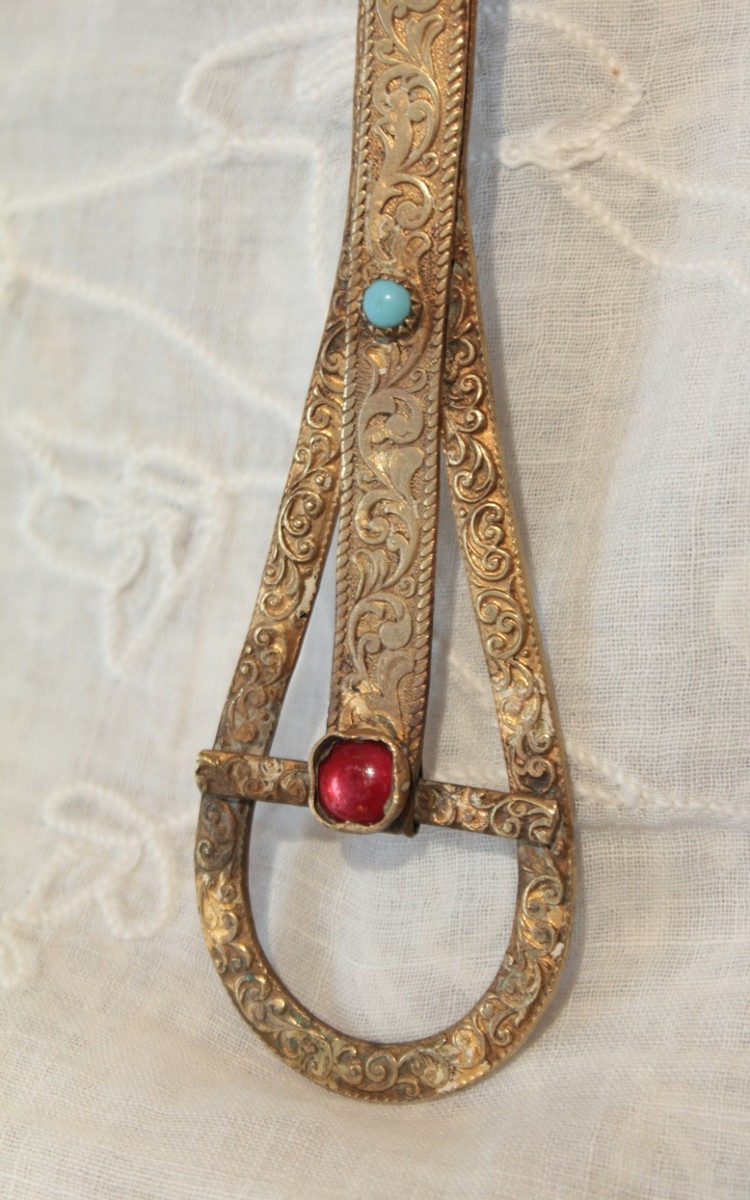 Miroir face à main en laiton doré et cabochons fin 19ème siècle-photo-3