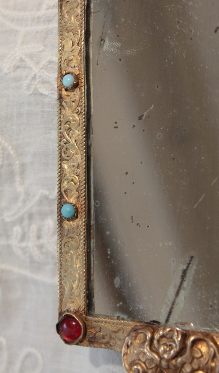 Miroir face à main en laiton doré et cabochons fin 19ème siècle-photo-4