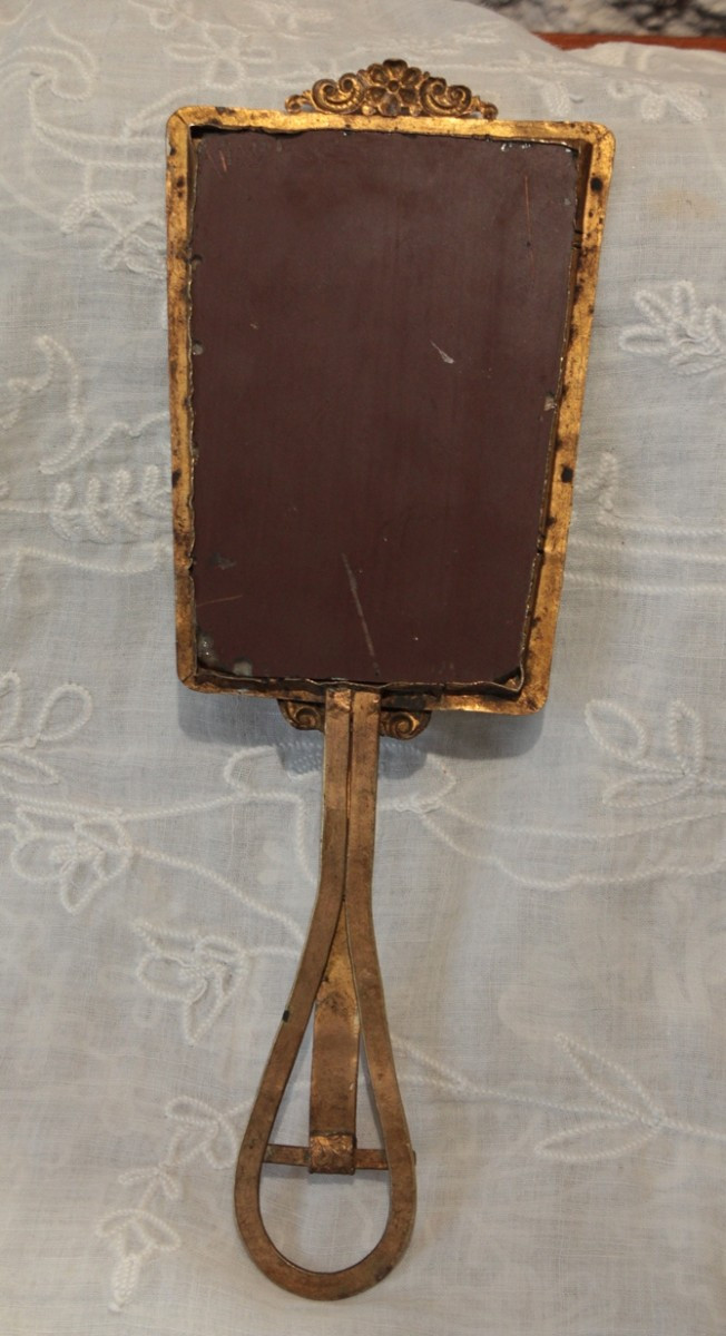 Miroir face à main en laiton doré et cabochons fin 19ème siècle-photo-5