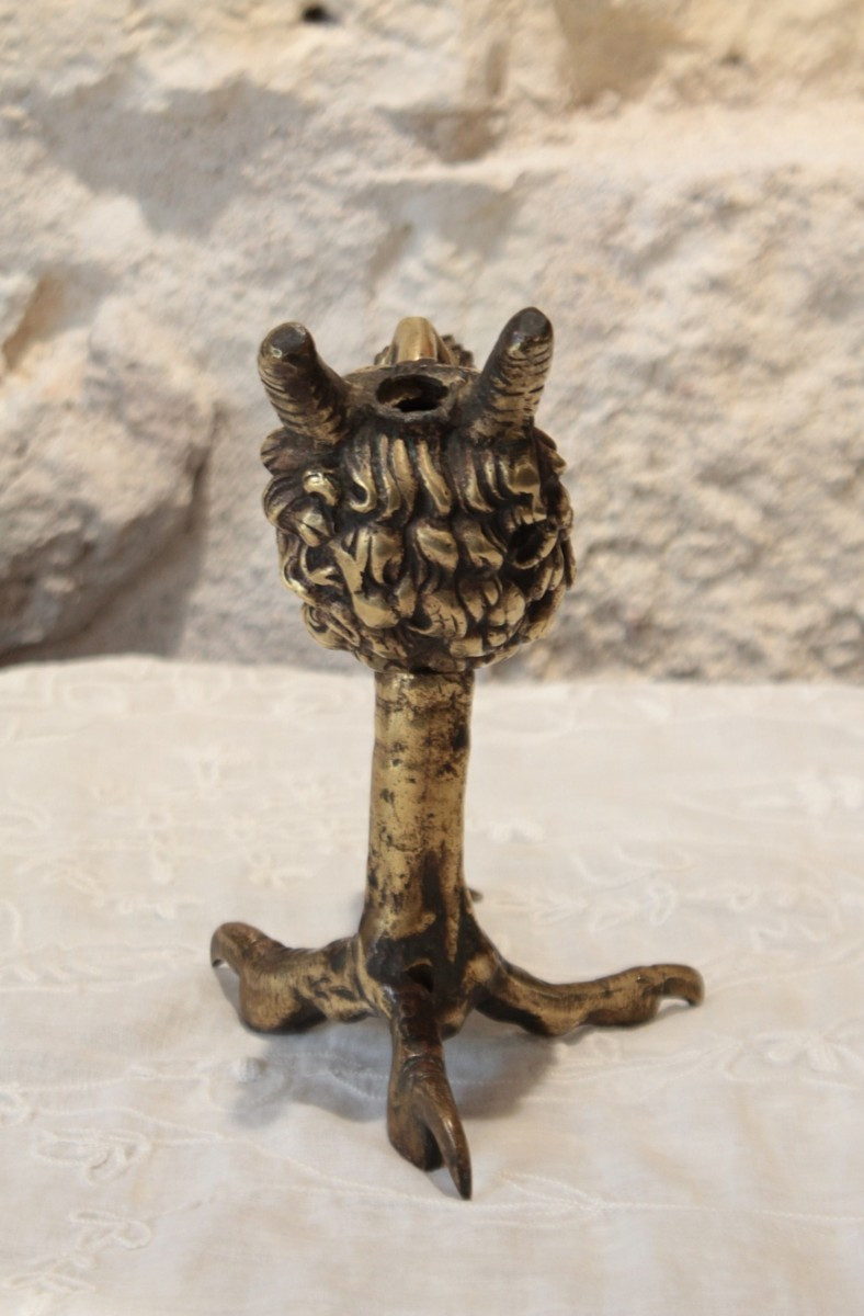 Gilded Bronze Oil Lamp With Faun's Head And Bird's Foot 19th Century-photo-2