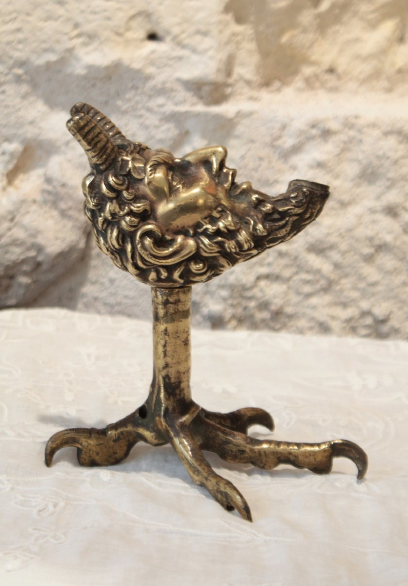 Gilded Bronze Oil Lamp With Faun's Head And Bird's Foot 19th Century-photo-3