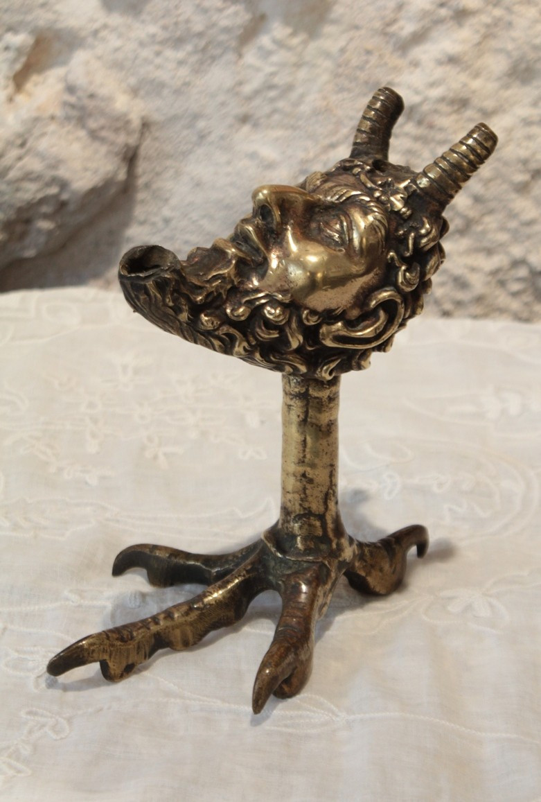 Gilded Bronze Oil Lamp With Faun's Head And Bird's Foot 19th Century
