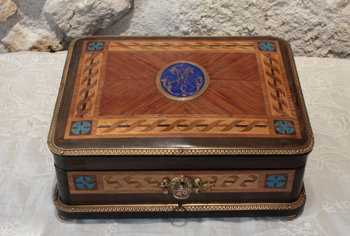 Inlaid Wood, Gilt Bronze And Porcelain Medallion Box, Late 19th Century Period-photo-2