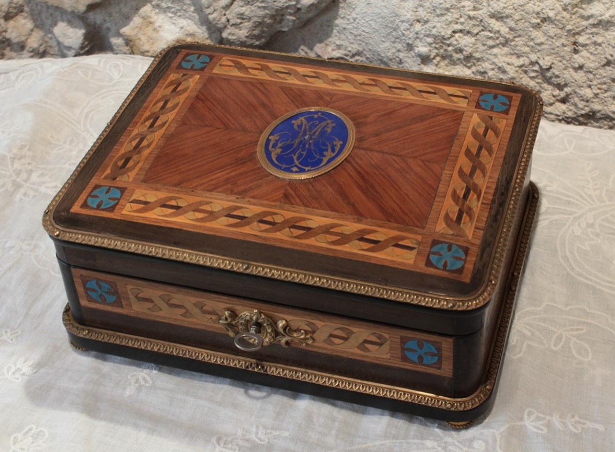Inlaid Wood, Gilt Bronze And Porcelain Medallion Box, Late 19th Century Period-photo-3